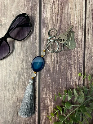 Blue Agate keychain with silver tassel