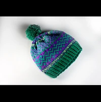 Winter Hat, Hand Knit, Fair Isle, Floral, Greens and Purple, Pom Pom, Pull-Over, Ski Hat