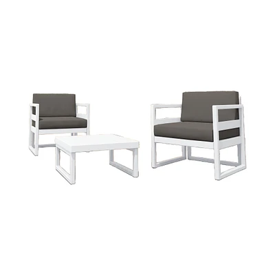 Luxury Commercial Living 3-Piece White Patio Club Seating Set with Sunbrella Charcoal Gray Cushion