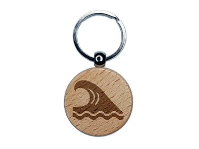 Ocean Surf Wave Beach Engraved Wood Round Keychain Tag Charm