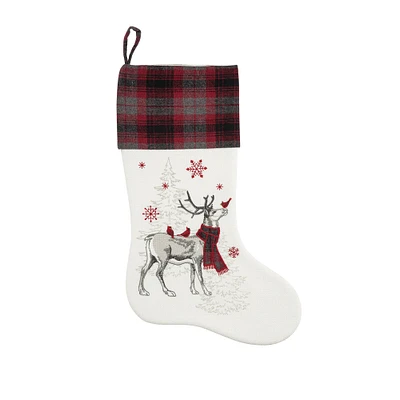 Frosty Deer White Deer Wearing Red & Black Plaid Scarf with Red & Black Cuff Embellished Christmas Stocking Holidays, 20.0 -in.