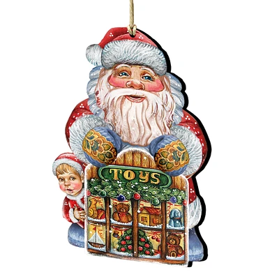 Designocracy Set of 2 Santa Claus Toy Shop Wooden Christmas Ornaments 5.5"