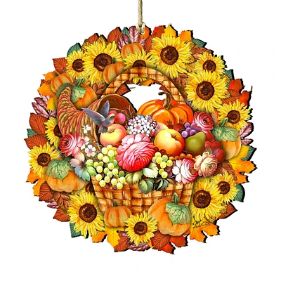 Designocracy Set of 2 Horn of Plenty Wreath Basket Fall Harvest Wood Ornaments 5.5"