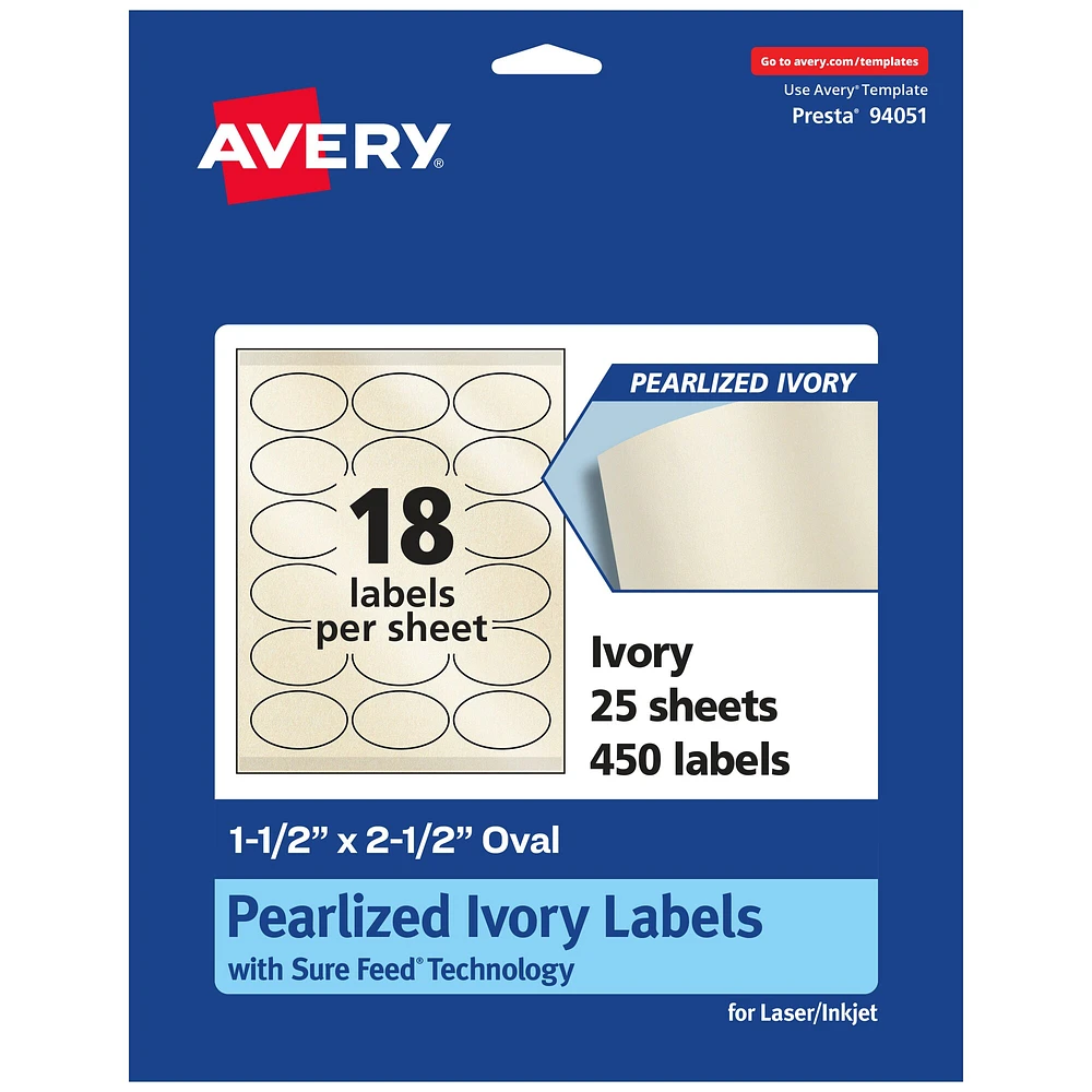 Avery Pearlized Ivory Oval Labels with Sure Feed Technology, 1.5" x 2.5"