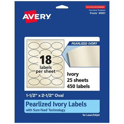 Avery Pearlized Ivory Oval Labels with Sure Feed Technology, 1.5" x 2.5"