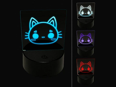 Charming Kawaii Chibi Cat Kitten Face Blushing Cheeks 3D Illusion LED Night Light Sign Nightstand Desk Lamp