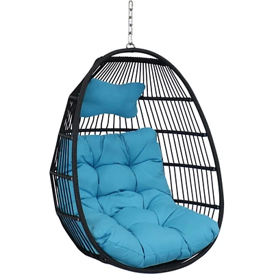 Sunnydaze Black Polyethylene Wicker Hanging Egg Chair with Cushions - Blue by