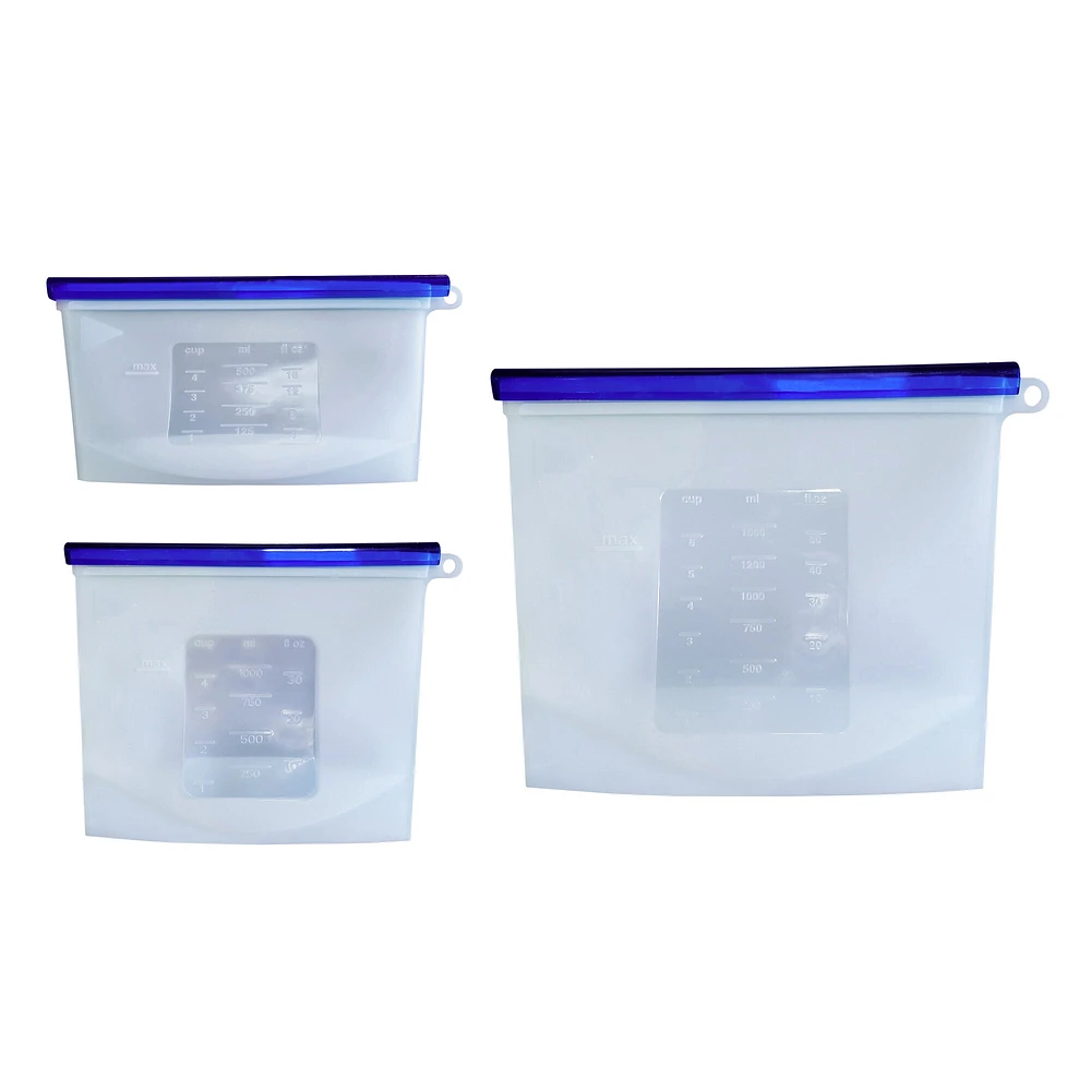 7Penn Silicone Food Storage Bag, 500, 1000, 1500mL - 3pk Reusable Food Bags