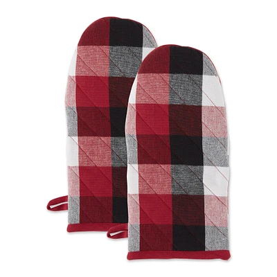 Contemporary Home Living Checkered Oven Mitts - 13" - Red and Black - Set of 2