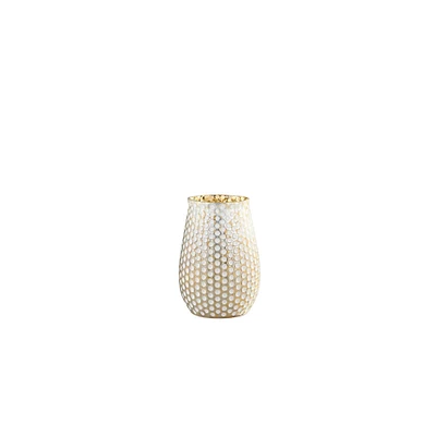 CC Home Furnishings 6" White and Gold Cylindrical Polka Dots Pattern Hand Blown Mercury Glass Vase