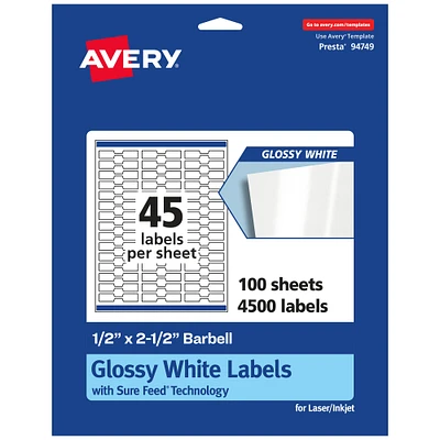 Avery Glossy White Barbell Labels with Sure Feed, 1/2" x 2.5"