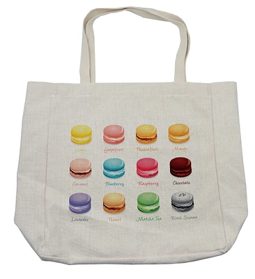 Ambesonne Tea Party Shopping Bag, Colorful French Macaron Cookies with Different Flavors Delicious Sweets Cuisine, Eco-Friendly Reusable Bag for Groceries Beach and More, 15.5" X 14.5", Multicolor