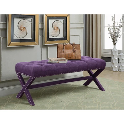 Iconic Home Luna Updated Neo Traditional Polished Nailhead Tufted Linen X Bench