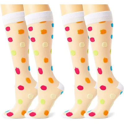 2-Pair Sheer Knee High Socks for Women, Rainbow Polka Dot Stockings (One Size)