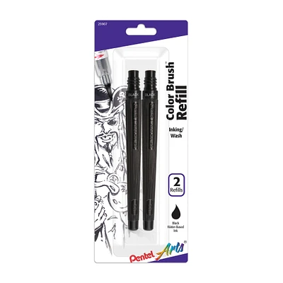 Pentel Color Brush Pen Refill Ink Cartridges, Water-Based, Black, 2/Pkg.