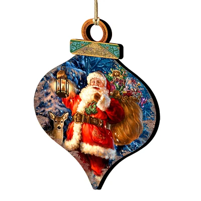 Designocracy Set of 2 Happy Santa Claus in the Woodland Wooden Christmas Ornaments 5.5"