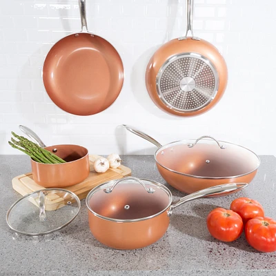 Classic Cuisine 8 Pc Cookware Set with 2 Layer Nonstick Ceramic Coating, Tempered Glass Lid, Copper Color Finish Dishwasher Oven Safe