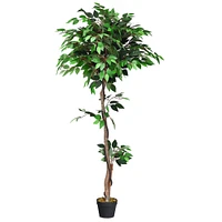 Gymax Artificial Ficus Silk Tree Wood Trunks Green 5.5 Feet Holiday Decor