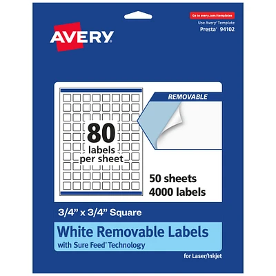 Avery Matte White Removable Square Labels with Sure Feed Technology, Print-to-the-Edge