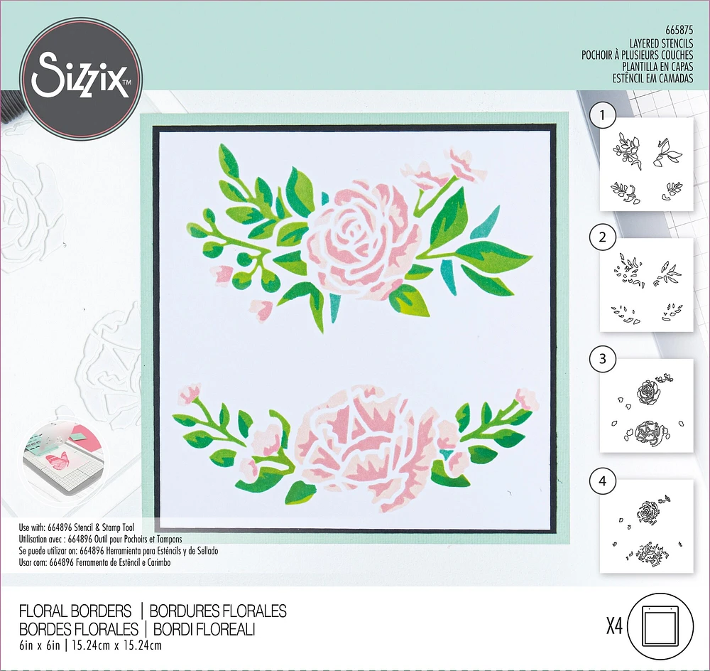 Sizzix Making Tool Layered Stencil 6"X6" By Olivia Rose-Floral Borders