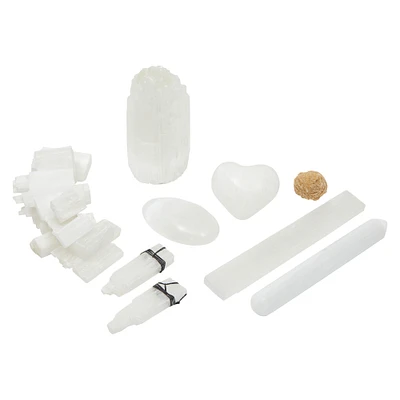 20 Pack Selenite Crystal Set, Crystal Healing Kit, Palm Stone, Heart, Stick