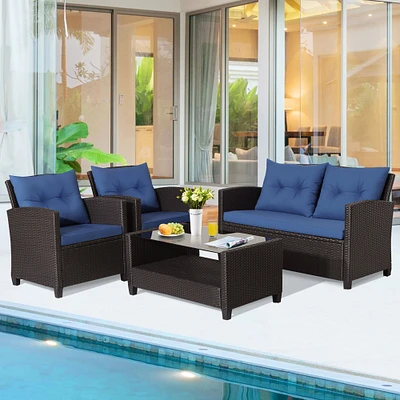 Gymax 4PCS Outdoor Conversation Set Patio PE Rattan Set w/ Glass Table and Sofa Cushions
