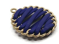 32mm Blue Imitation Leather Wrapped Flat Round Golden Alloy Pendant