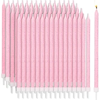 Pink Glitter Long Thin Birthday Cake Candles in Holders (5 In, 48 Pack)