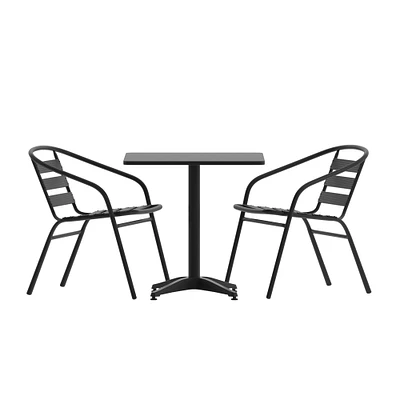 Emma and Oliver 27.5'' Square Aluminum Indoor-Outdoor Table Set with 2 Slat Back Chairs
