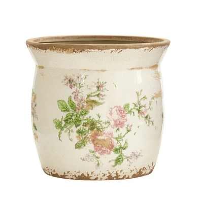 Nearly Natural 8" Pink and Green Tuscan Ceramic Floral Print Planter