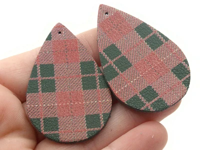 2 50mm Brown Red and Green Christmas Plaid Teardrop Leather Pendants