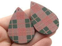 2 50mm Brown Red and Green Christmas Plaid Teardrop Leather Pendants