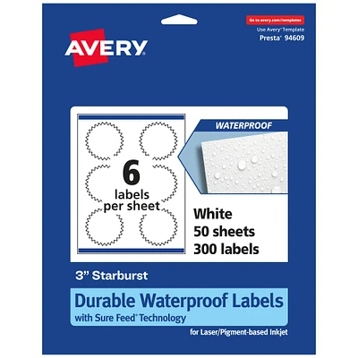 Avery Durable Waterproof Starburst Labels with Sure Feed, 3"