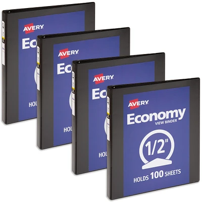 Avery Economy View 3 Ring Binder, 1/2 Inch Round Rings, 4 Black Binders (05705)