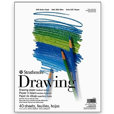 Strathmore 200 Series Drawing Paper, Tape Bound Pad, 11x14 inches, 40 Sheets (64lb/104g) - Artist Paper for Adults and Students - Charcoal, Colored Pencil, Ink, Pastel, Marker