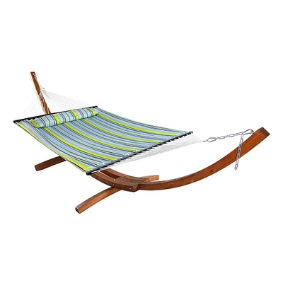 Sunnydaze 2-Person Quilted Hammock with Curved Wooden Stand - Blue/Green by