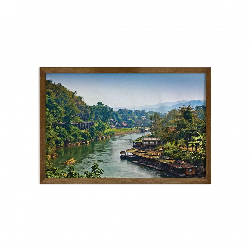 Ambesonne East Framed Wall Art, River Kwai Living House Tropic Thailand Village Attractions Scenery, Fabric Decor with Teak Tone Wood Frame Home & Dorm Decor, 35" x 23", Forest Green Turquoise