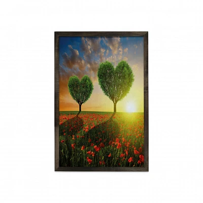 Ambesonne Valentine's Day Framed Wall Art, Poppy Field Heart Shaped Trees Sunset Cloudy Sky Rural Romantic Meadow, Fabric Poster with Carbonized Tone Wood Frame Home Decor, 23" x 35", Green Red Blue