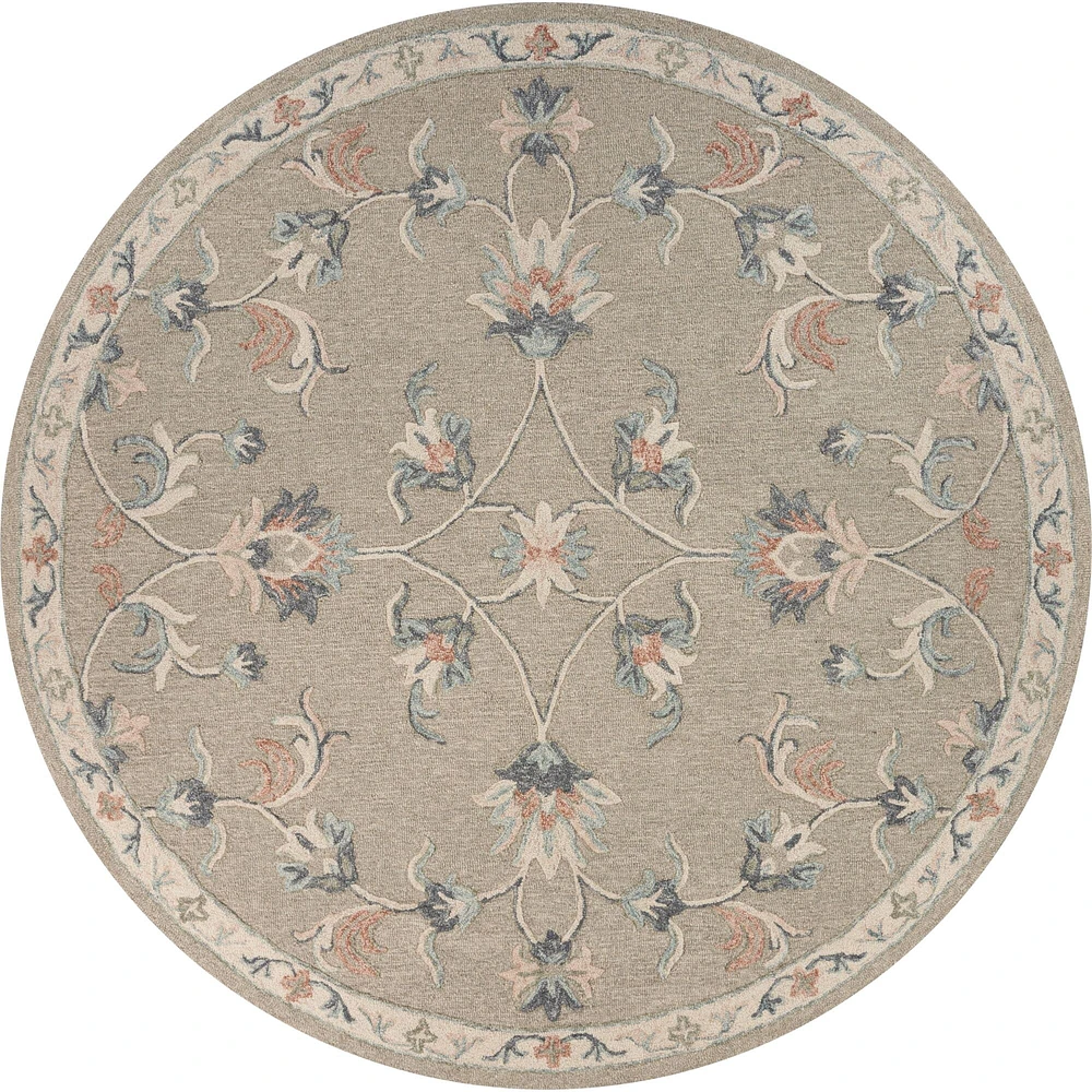 Laddha Home Designs 4.75' Beige and Blue Floral Hand Tufted Round Area Throw Rug