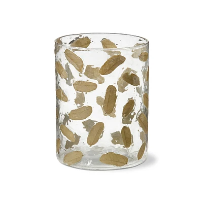 Botanica Clear Glass Pillar Candle Holder with Embedded Small Brown Leaves Hurricane, 3.9L x 3.9W X 5.1H inch