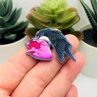 1, 4 or 20 Pieces: Pink Goth Raven and Heart Charms - Double Sided