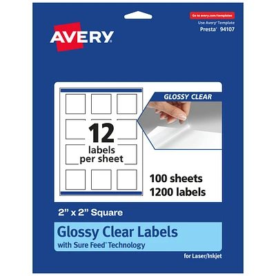 Avery Glossy Clear Square Labels with Sure Feed, 2" x 2"