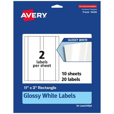 Avery Glossy White Rectangle Labels, 11" x 3"