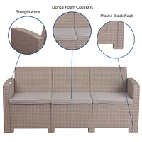 Merrick Lane Malmok Outdoor Furniture Resin Sofa Faux Rattan Wicker Pattern Patio 3-Seat Sofa With All-Weather Cushions