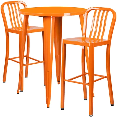 Emma and Oliver Commercial 30" Round Metal Indoor-Outdoor Bar Table Set & 2 Slat Back Stools