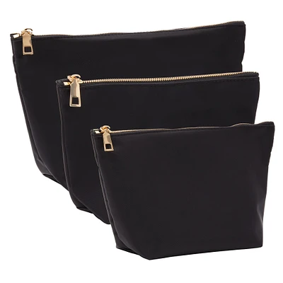 3 Pack Black Makeup Bag Set for Women, Nylon Zipper Pouch Organizers for Cosmetics, Travel, Toiletries (3 Sizes)