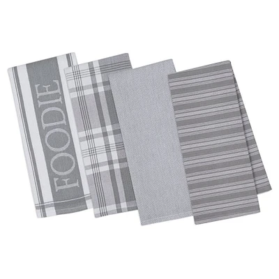 Contemporary Home Living Set of 4 Granite Gray and White Rectangular "Foodie" Plaid Patterned Dish Towels 28"