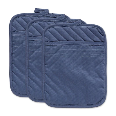 Contemporary Home Living Set of 3 French Blue Quilted Decorative Potholder, 9"