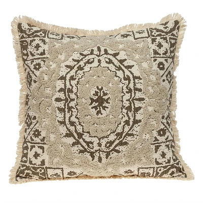 Nassau Collection 18" Beige and Embroidered Ethnic Design Throw Pillow