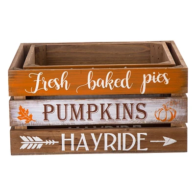 Glitzhome Set of 2 Brown and Orange Pumpkin Crate Harvest Tabletop Decors 13.75"